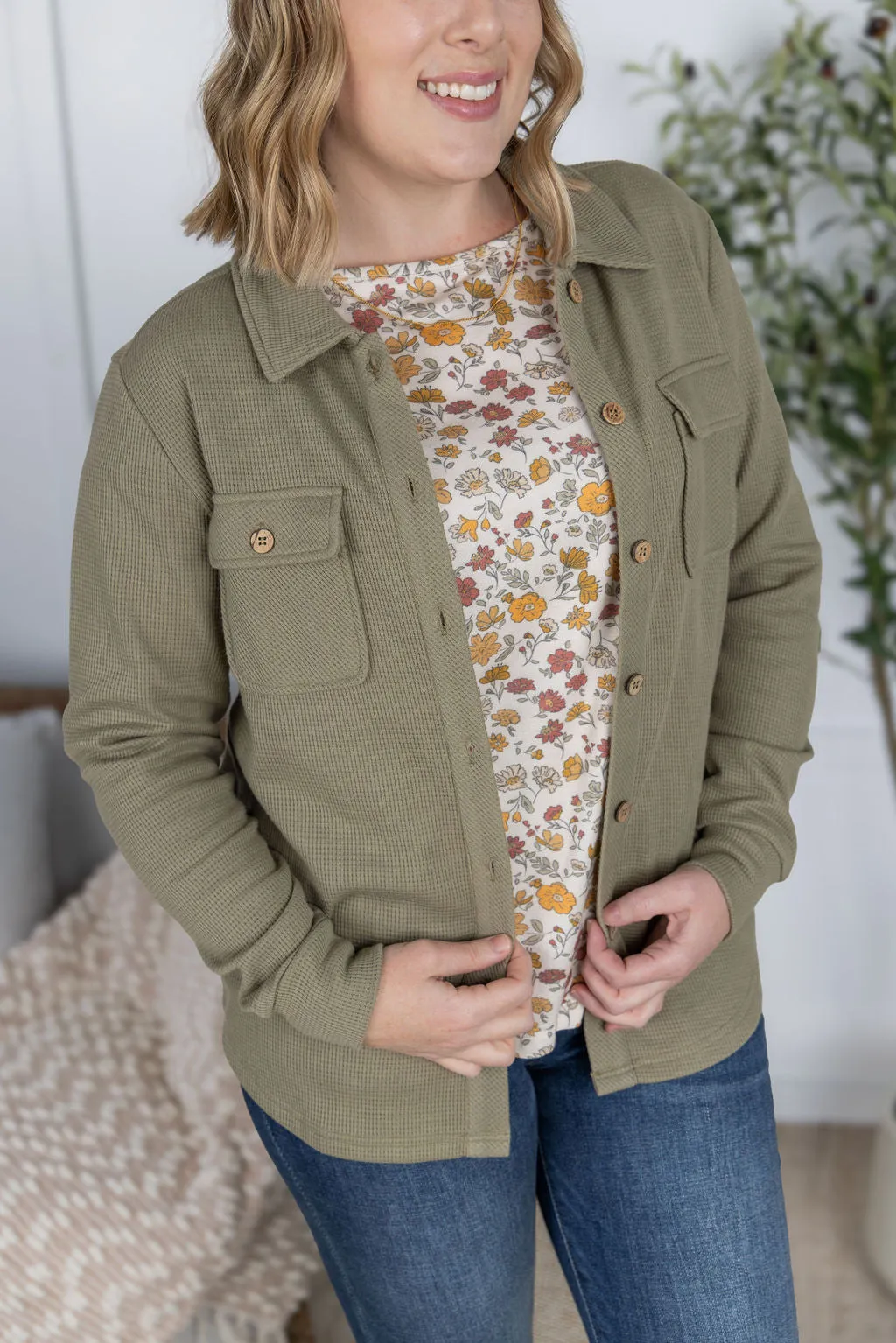IN PRODUCTION Thermal Knit Button Top - Light Olive