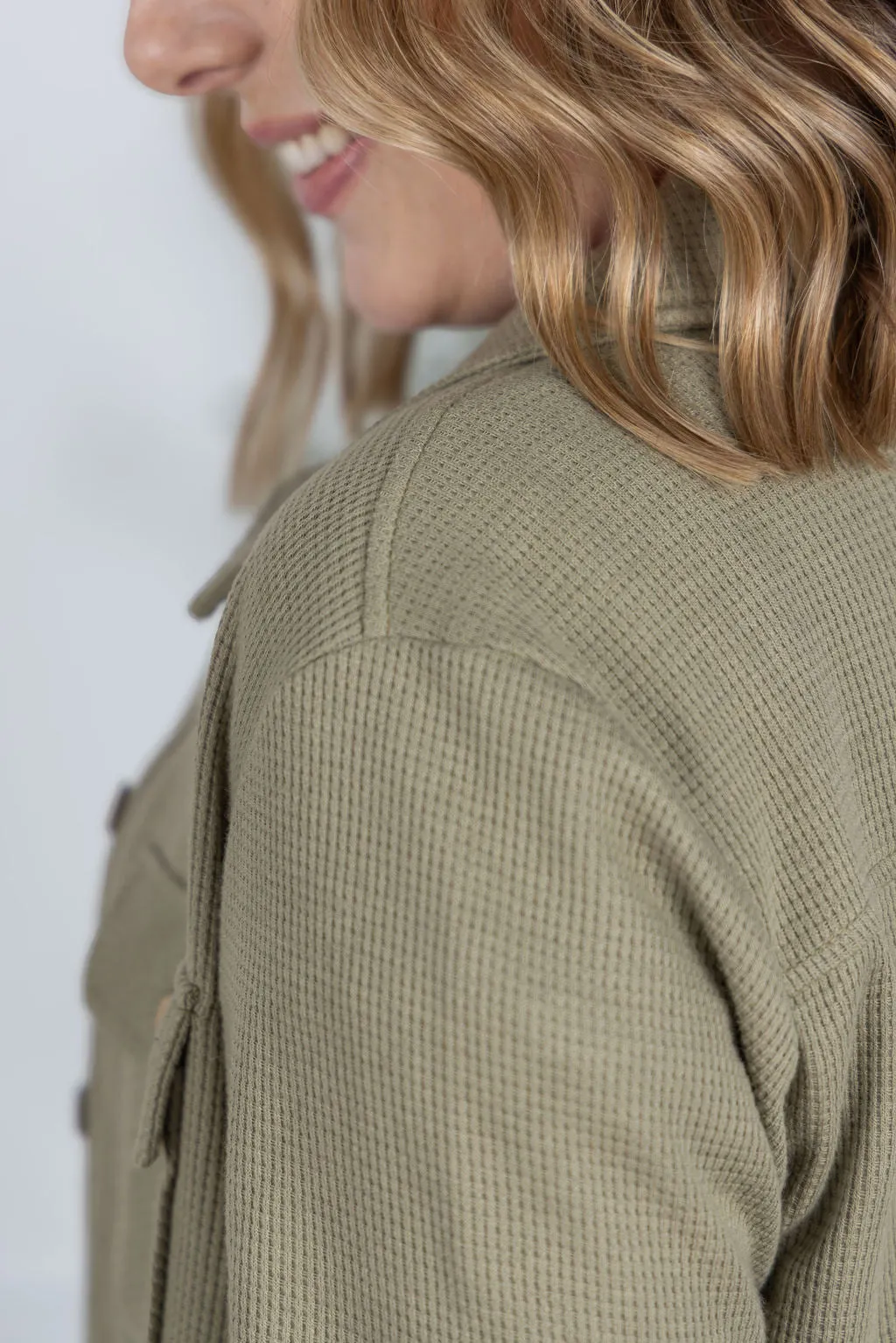 IN PRODUCTION Thermal Knit Button Top - Light Olive