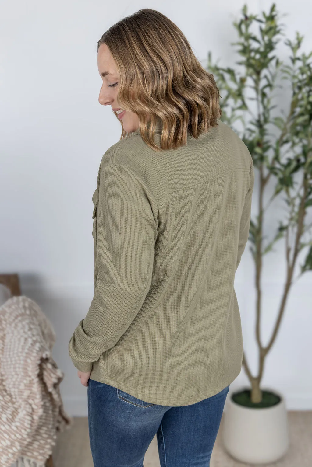 IN PRODUCTION Thermal Knit Button Top - Light Olive