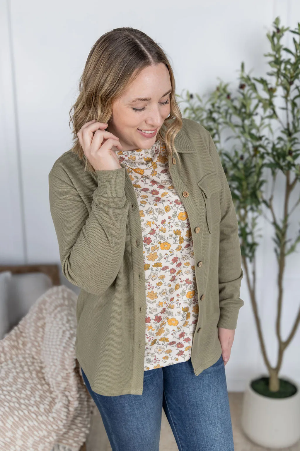 IN PRODUCTION Thermal Knit Button Top - Light Olive
