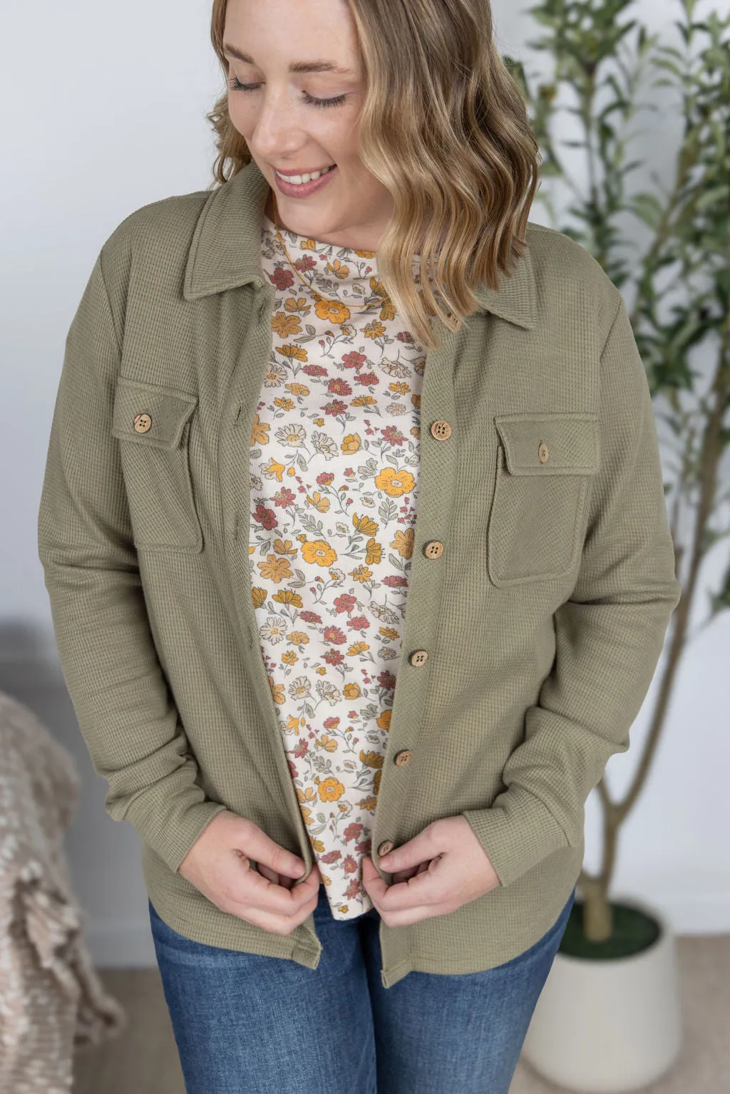 IN PRODUCTION Thermal Knit Button Top - Light Olive