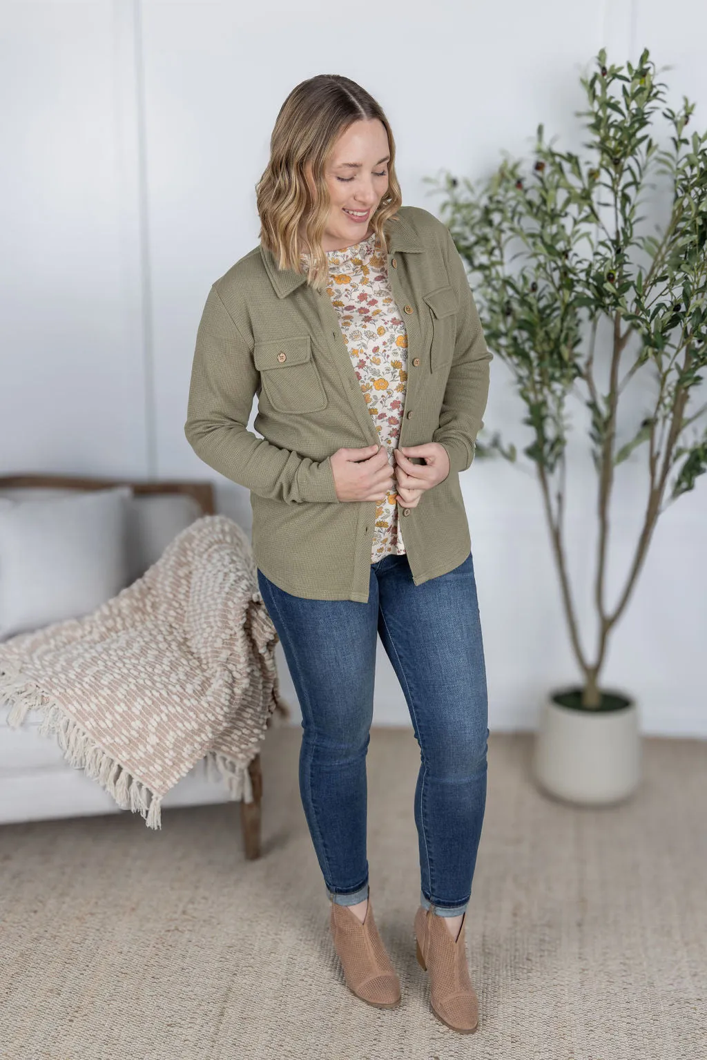 IN PRODUCTION Thermal Knit Button Top - Light Olive