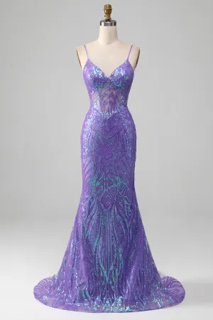 Luolandi Mermaid Spaghetti Straps Sparkly Sequin Purple Corset Prom Dress Sexy Evening Dresses