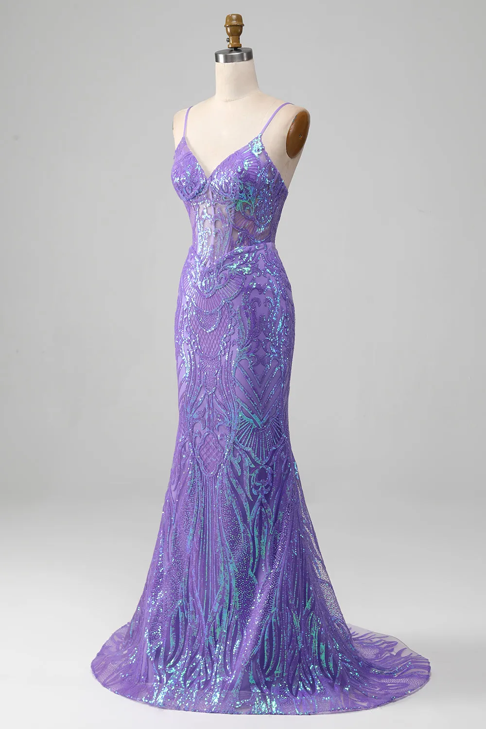 Luolandi Mermaid Spaghetti Straps Sparkly Sequin Purple Corset Prom Dress Sexy Evening Dresses