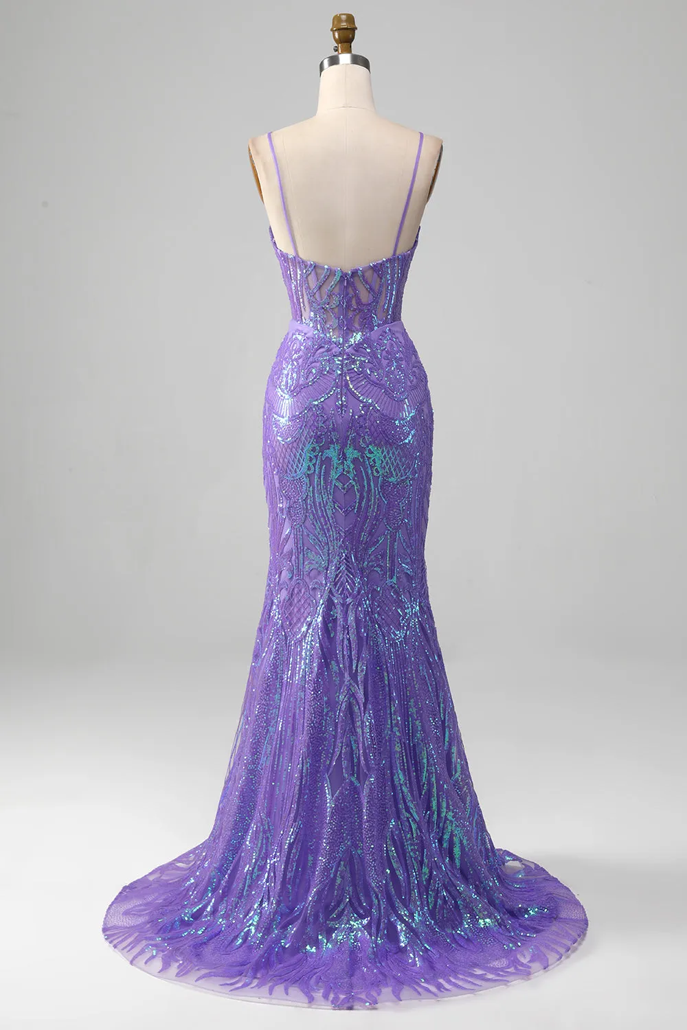 Luolandi Mermaid Spaghetti Straps Sparkly Sequin Purple Corset Prom Dress Sexy Evening Dresses