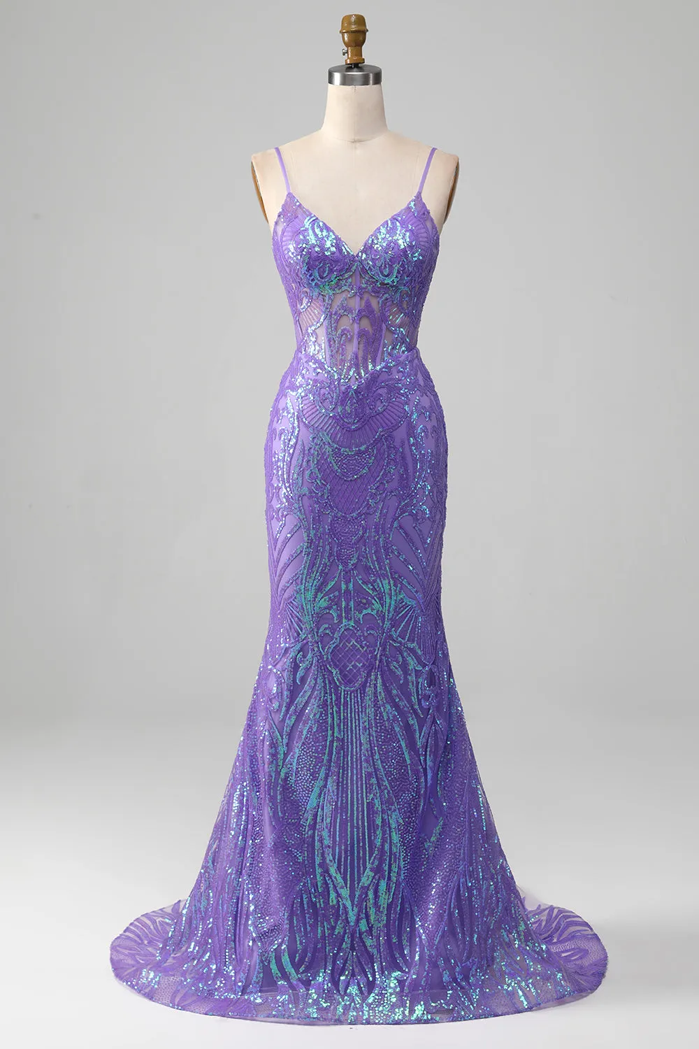 Luolandi Mermaid Spaghetti Straps Sparkly Sequin Purple Corset Prom Dress Sexy Evening Dresses