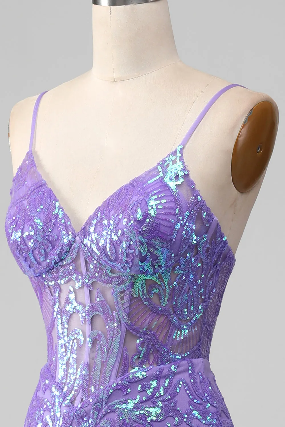 Luolandi Mermaid Spaghetti Straps Sparkly Sequin Purple Corset Prom Dress Sexy Evening Dresses