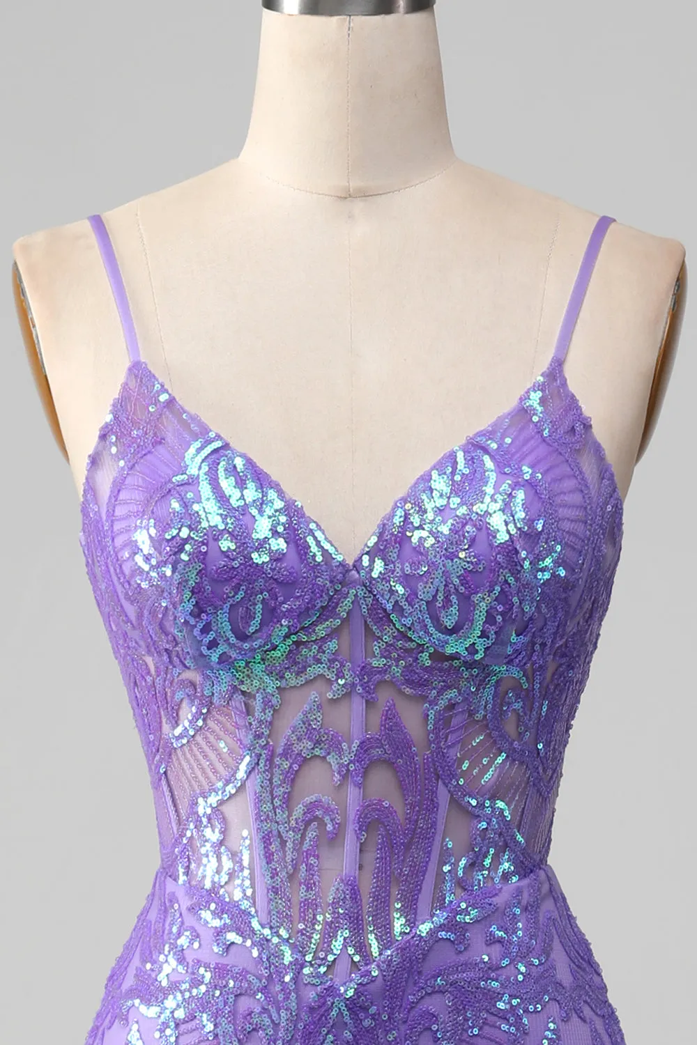 Luolandi Mermaid Spaghetti Straps Sparkly Sequin Purple Corset Prom Dress Sexy Evening Dresses