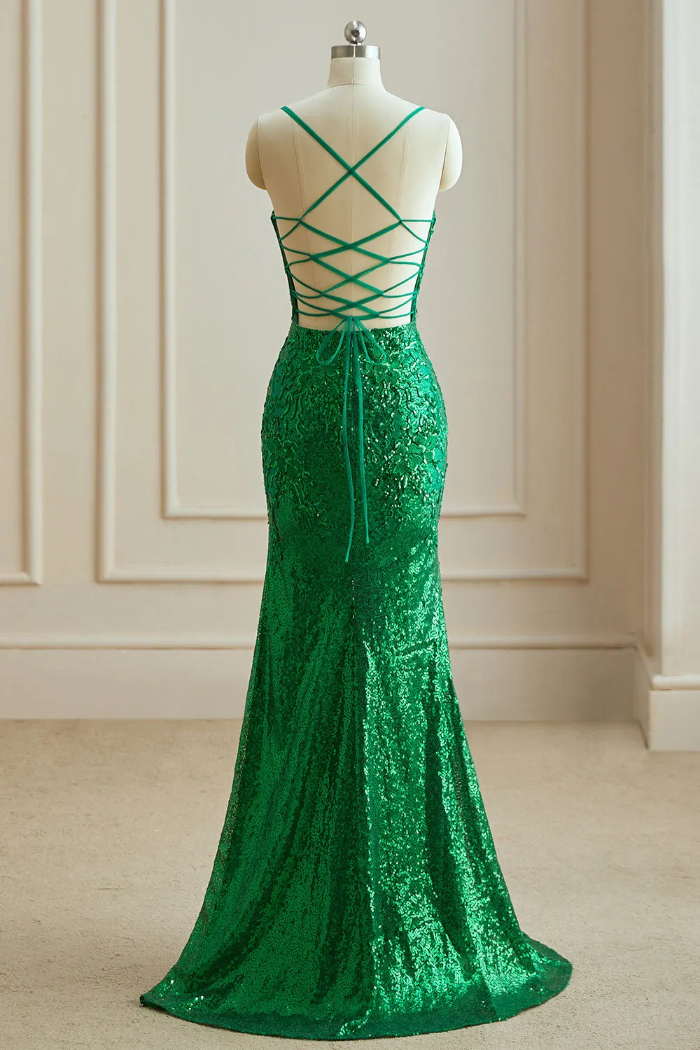 Luolandi Mermaid Spaghetti Straps V Neck Sequin Slit Prom Dresses with Appliques Sexy Evening Dresses