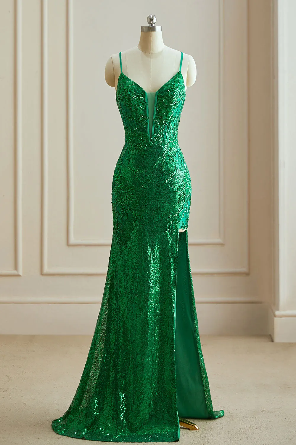 Luolandi Mermaid Spaghetti Straps V Neck Sequin Slit Prom Dresses with Appliques Sexy Evening Dresses