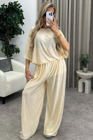 Rosalia Gold Plisse Oversized Top and Wide Leg Trousers Co-Ord Set