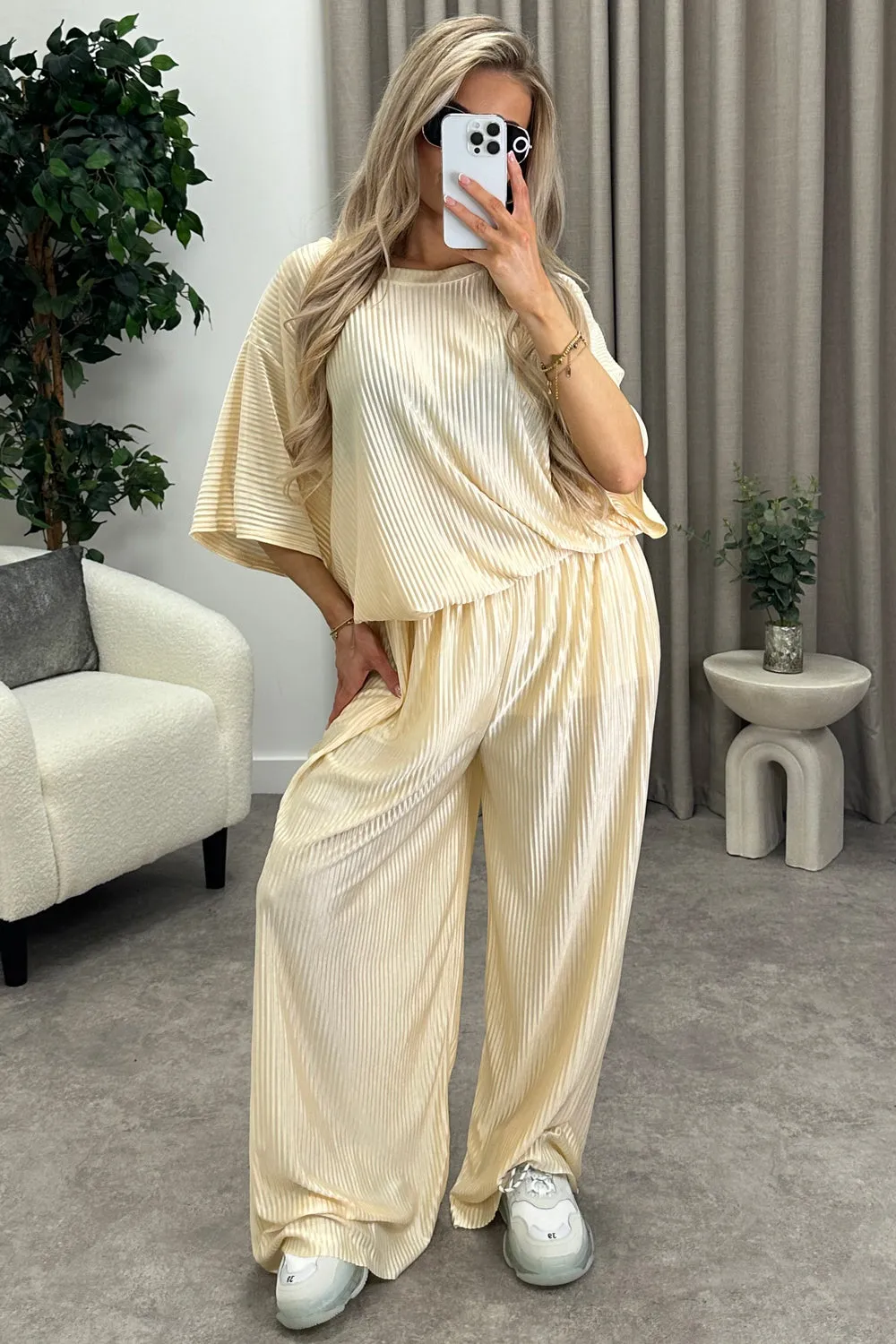Rosalia Gold Plisse Oversized Top and Wide Leg Trousers Co-Ord Set