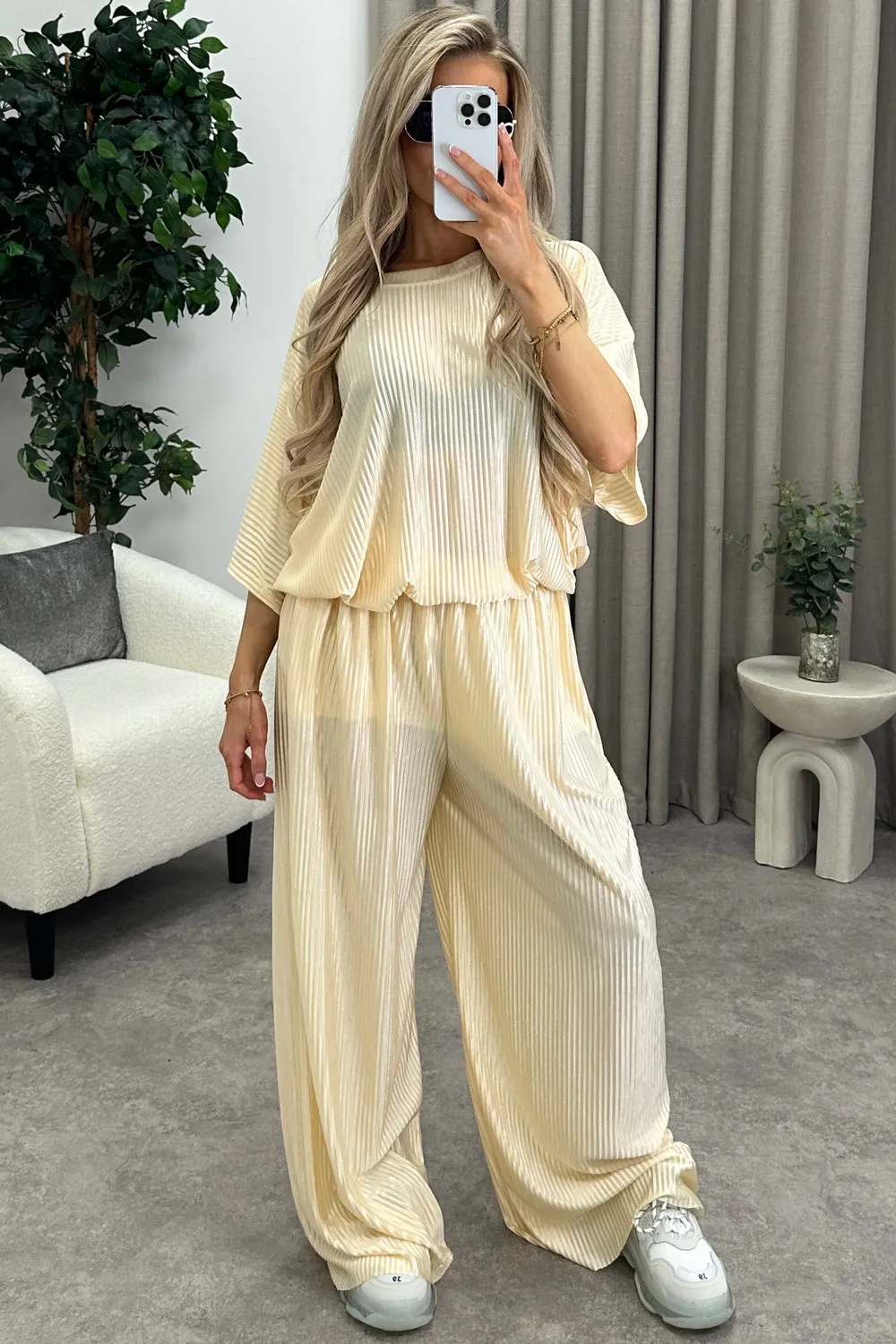 Rosalia Gold Plisse Oversized Top and Wide Leg Trousers Co-Ord Set