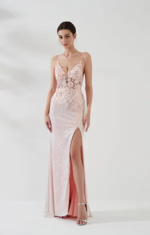 V-Neck Spaghetti Straps 3D Appliqued Sequins High Split Party Dress