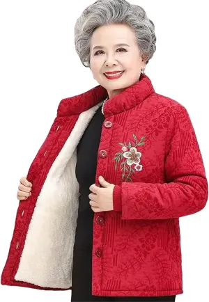 Winter Middle-Aged Old People Thick Warm Embroidered Parkas Jackets Grandma Cotton-Padded Coat
