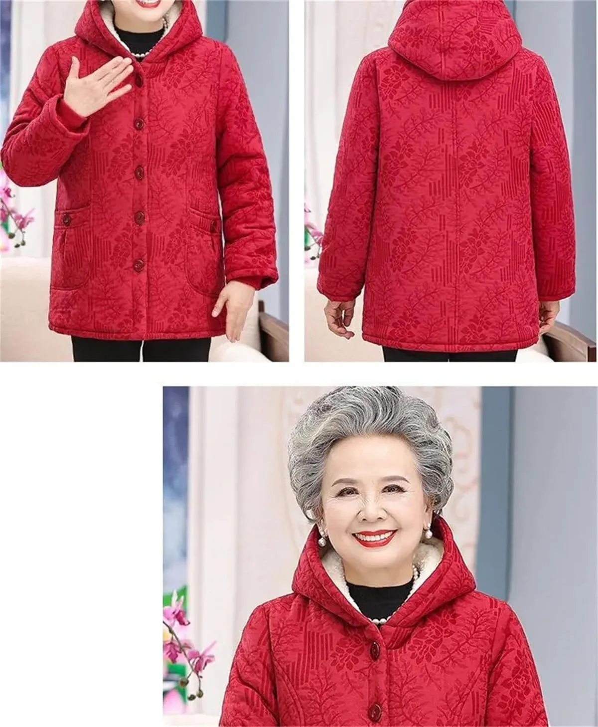 Winter Middle-Aged Old People Thick Warm Embroidered Parkas Jackets Grandma Cotton-Padded Coat