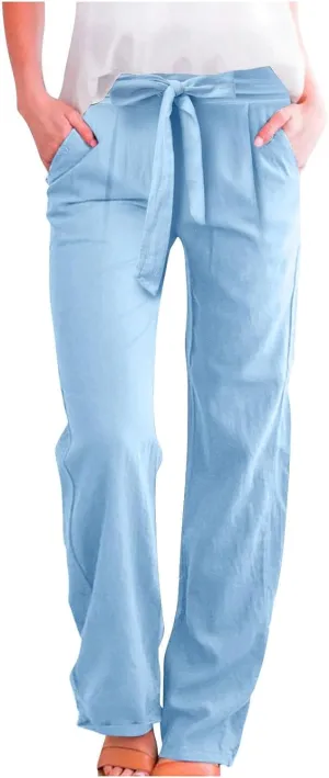 Women Linen Blend Summer Drawstring Pants Elastic Waist Bootcut Plus Size Pant Trousers Vacation