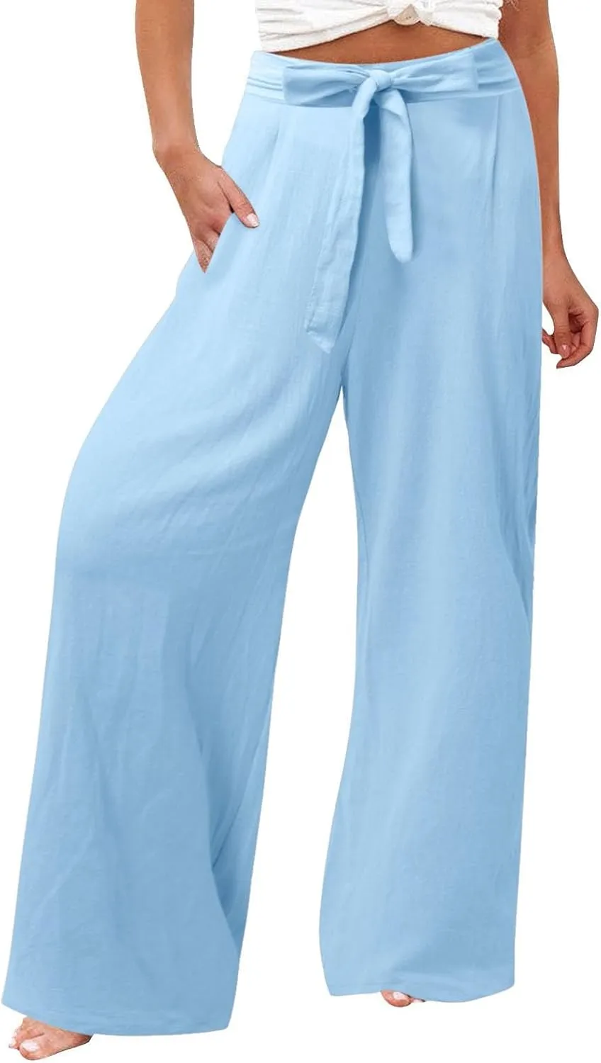 Women Linen Blend Summer Drawstring Pants Elastic Waist Bootcut Plus Size Pant Trousers Vacation