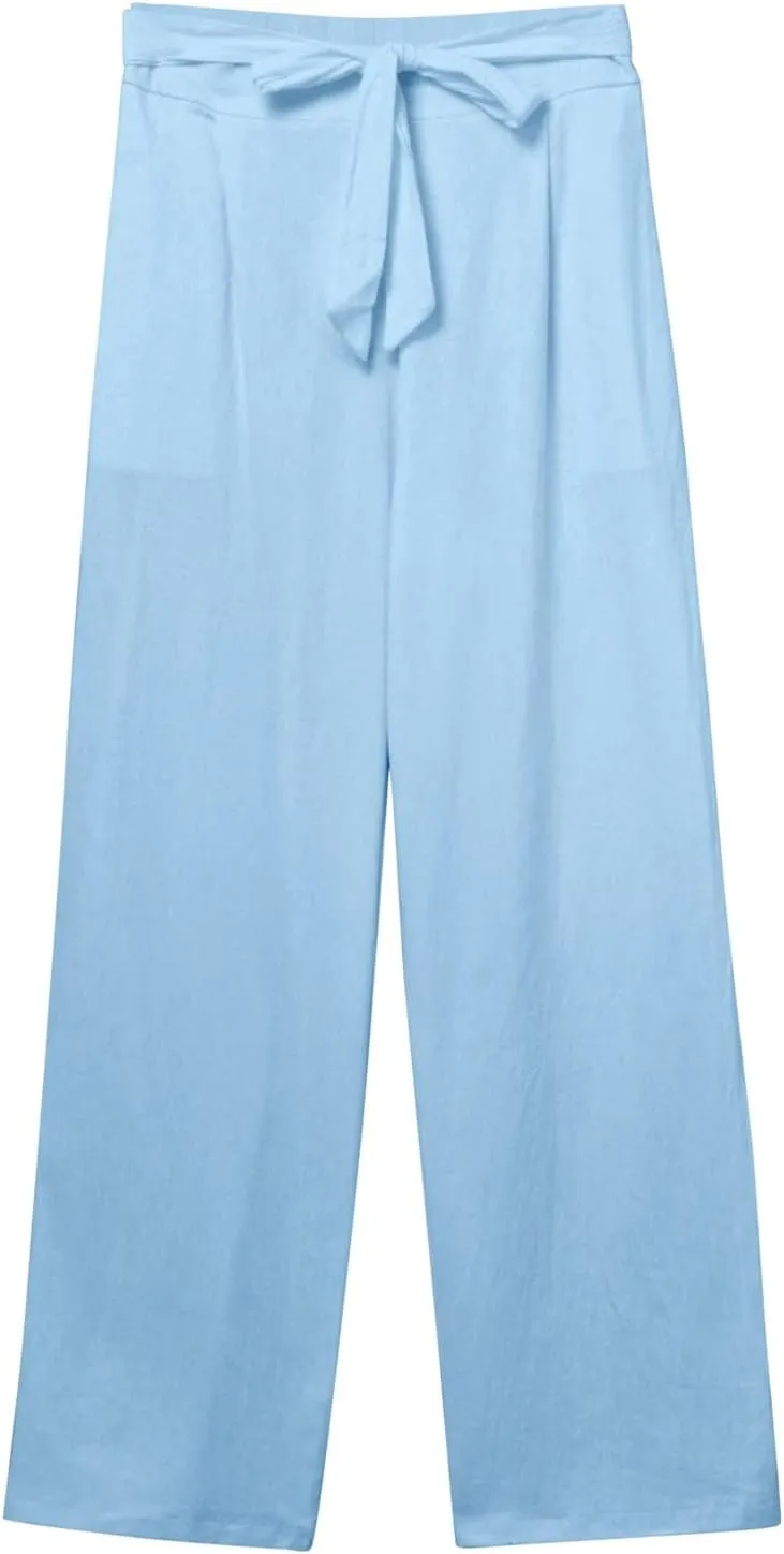 Women Linen Blend Summer Drawstring Pants Elastic Waist Bootcut Plus Size Pant Trousers Vacation