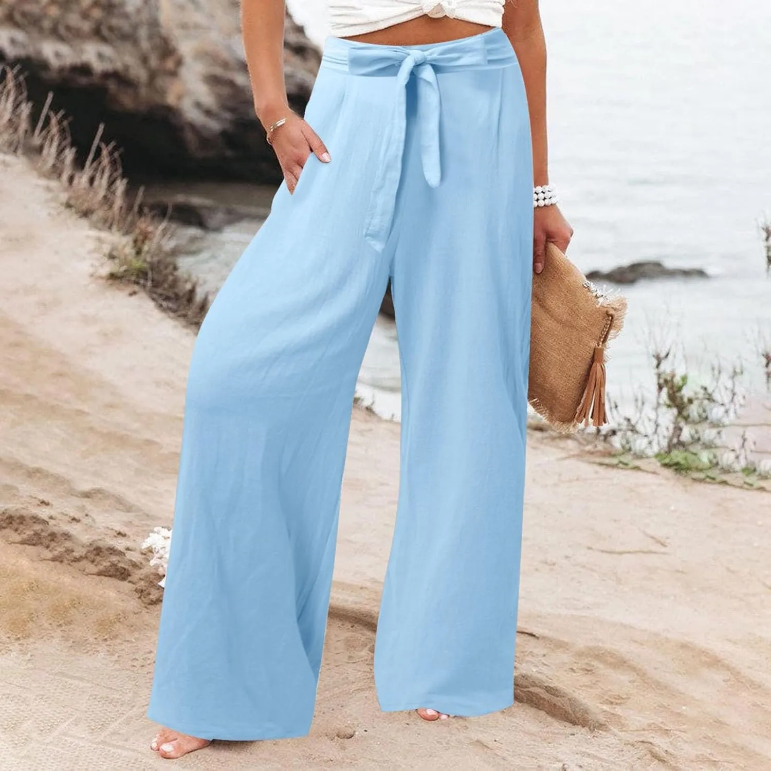 Women Linen Blend Summer Drawstring Pants Elastic Waist Bootcut Plus Size Pant Trousers Vacation