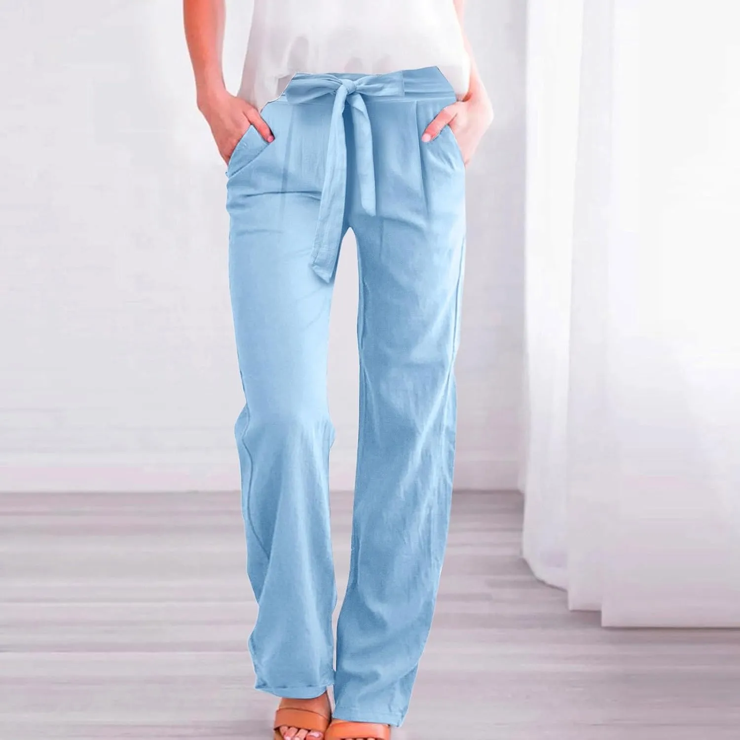 Women Linen Blend Summer Drawstring Pants Elastic Waist Bootcut Plus Size Pant Trousers Vacation
