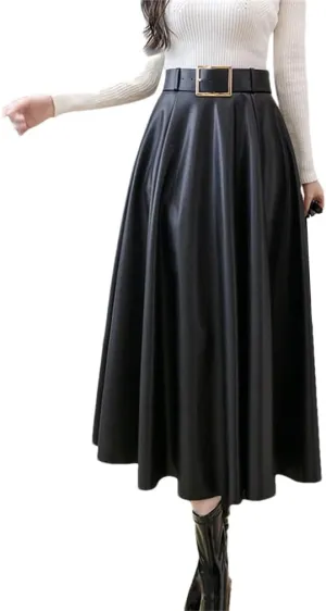 Women Sashes Leather Skirts Winter High Waist Pleated Skirts Long PU Leather Skirts