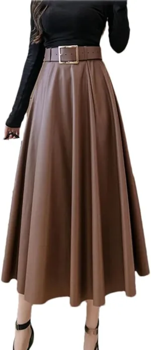 Women Sashes Leather Skirts Winter High Waist Pleated Skirts Long PU Leather Skirts
