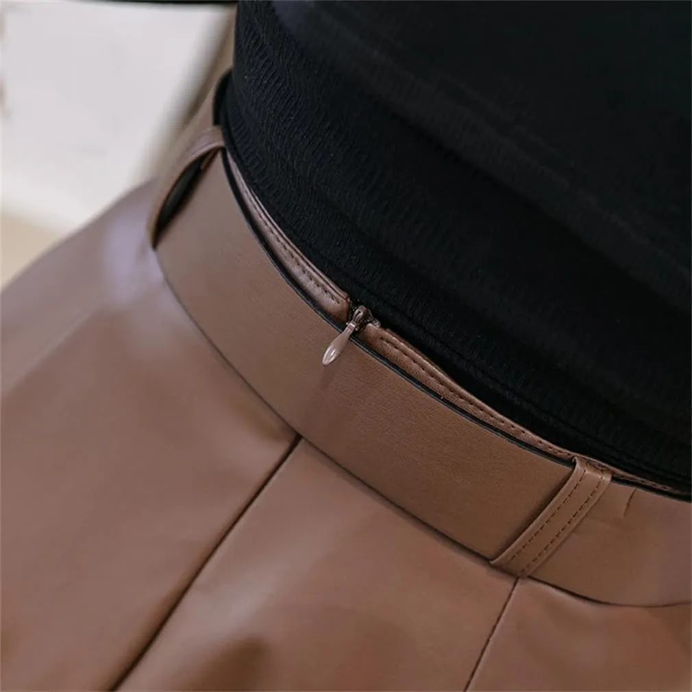 Women Sashes Leather Skirts Winter High Waist Pleated Skirts Long PU Leather Skirts