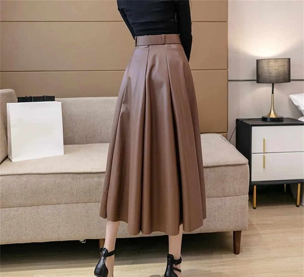 Women Sashes Leather Skirts Winter High Waist Pleated Skirts Long PU Leather Skirts